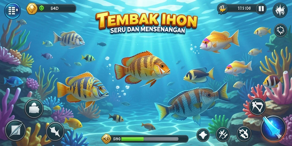 Tampilan gameplay SINTE4D dengan berbagai ikan berwarna-warni dan menantang.